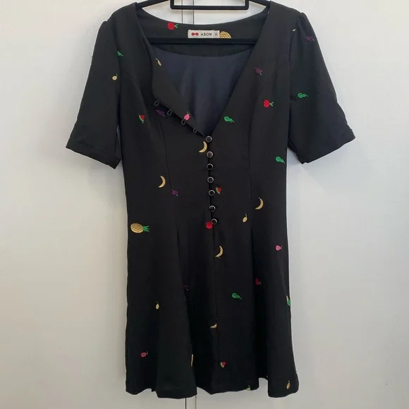 Abow Black Dress with Fruit Embroidery 🍉 🍎 🍌 Size 10 - Picture 2 of 16
